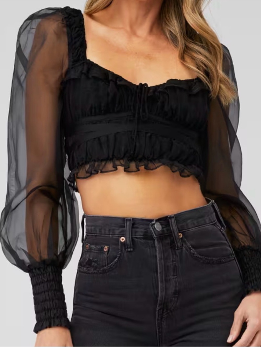 For Love & Lemons Black Sheer Puff-Sleeve Crop Top